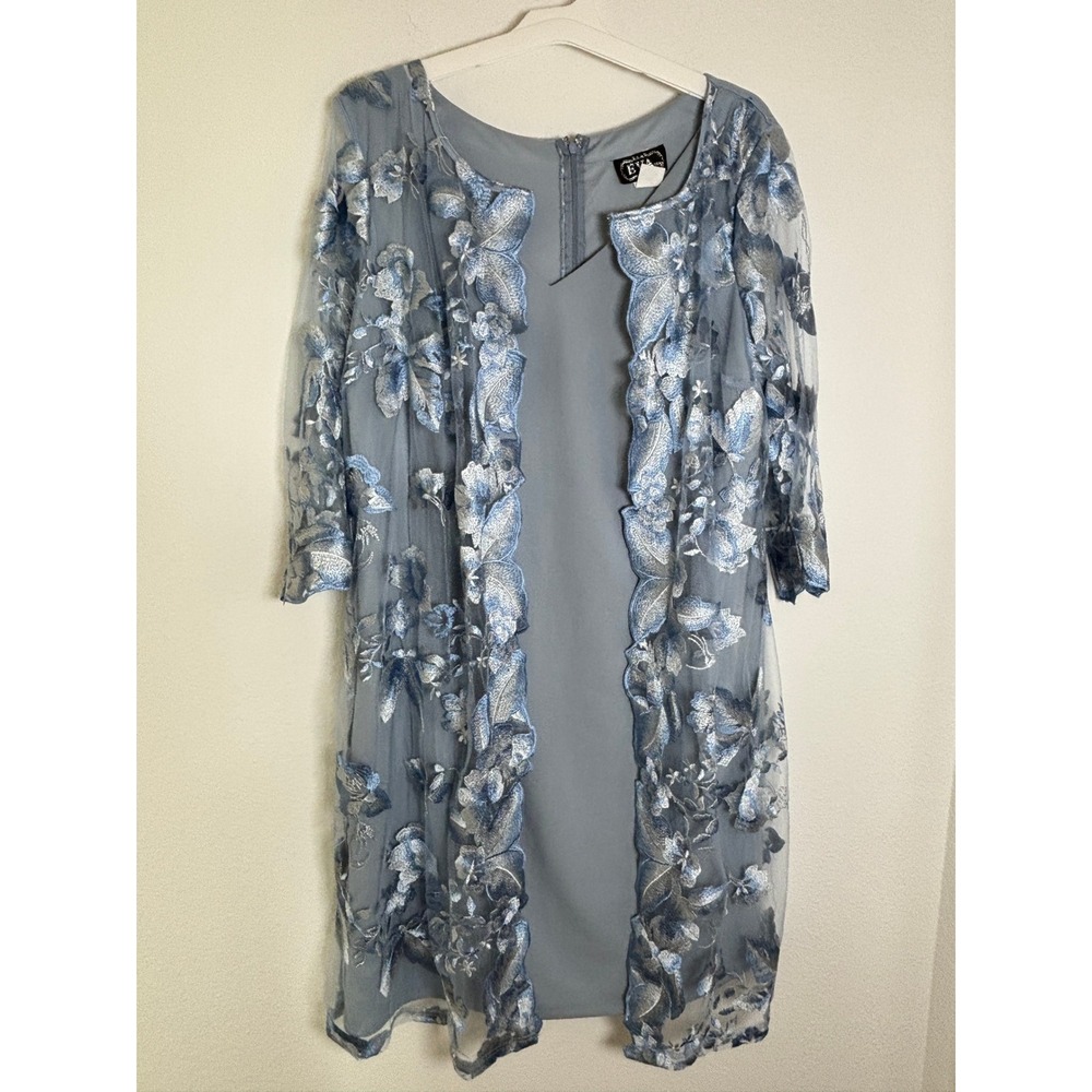 EVA USA Womens 3XL Blue Floral Embroidered Duster Jacket Sheath Dress Set 3351